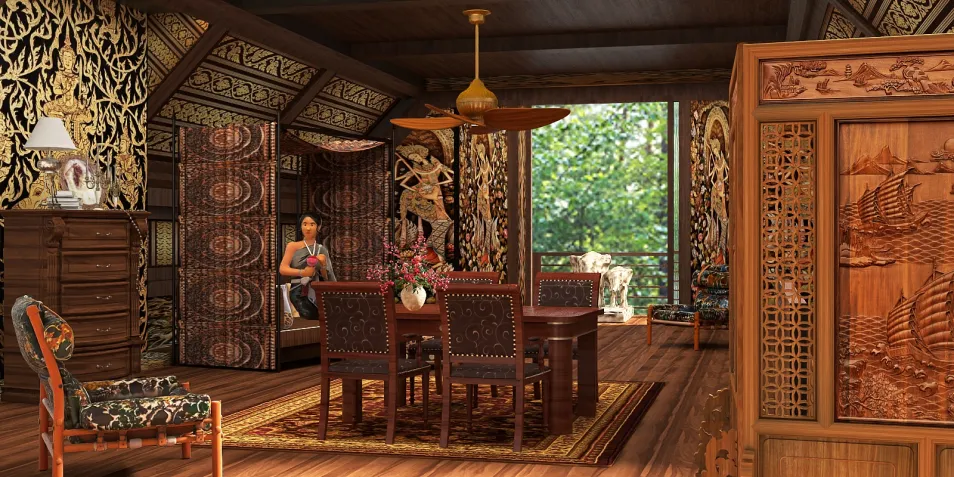 wooden dining room featuring intricately carved furniture, showcasing a traditional Asian aesthetic with floral accents and decorative panels, utilizing Homestyler's real-time 3D rendering for design visualization.