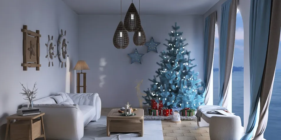 cozy living room decorated for Christmas with a blue Christmas tree and holiday ornaments, showcasing interior design style, featuring Homestyler's real-time 3D rendering for design previews.