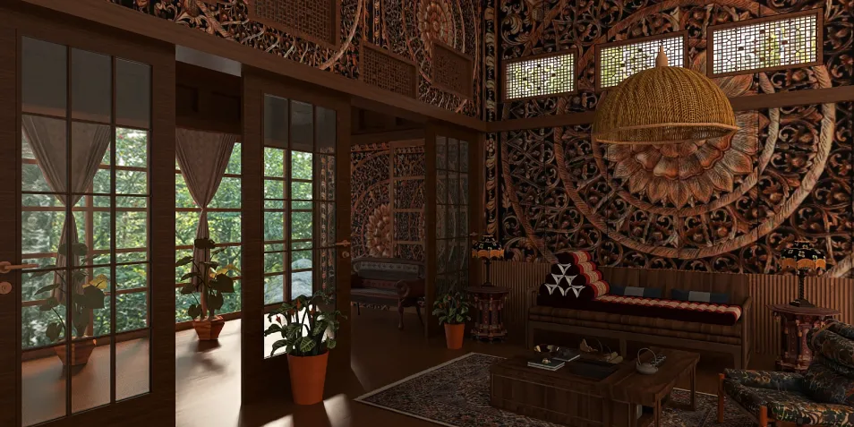 wooden interior design creating a warm ambiance using intelligent furniture arrangement for a cozy living room, showcasing Homestyler's real-time 3D rendering feature.