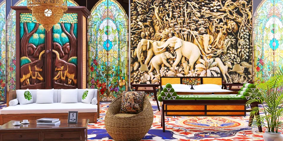 A beautifully designed interior featuring a luxurious bedroom with a vibrant art piece on the wall, eclectic furniture arrangement, and rich decorative elements, showcasing unique style and space value in interior design; utilizes Homestyler's real-time 3D rendering feature for effective design presentation.