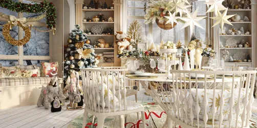 cozy dining area with festive decor showcasing a Christmas theme, featuring beautifully arranged holiday ornaments and a decorated tree, utilizing Homestyler's real-time 3D rendering for an immersive design preview.