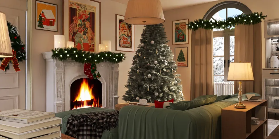 A cozy living room decorated for Christmas featuring a beautifully adorned Christmas tree and a warm fireplace creating a festive atmosphere, showcasing interior design elements; utilizing Homestyler's real-time 3D rendering for effective holiday decor preview.