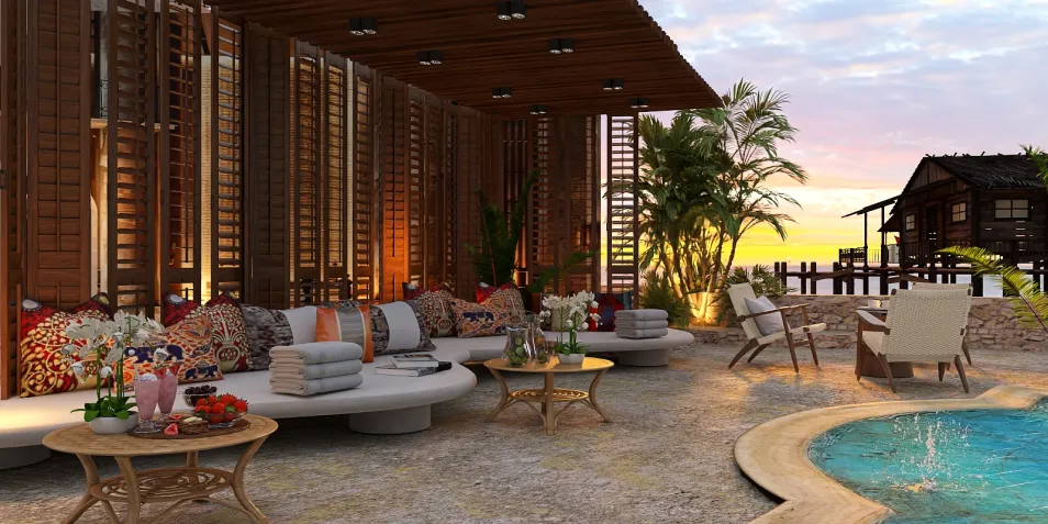 outdoor lounge area featuring cozy seating arrangement with decorative cushions and ambient lighting, designed in a tropical style, enhancing relaxation in a coastal setting, utilizing Homestyler's real-time 3D rendering feature.