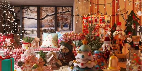 festive living room with Christmas decorations showcasing a cozy holiday atmosphere, featuring colorful ornaments and a beautifully designed tree, using Homestyler's real-time 3D rendering for an immersive design preview.