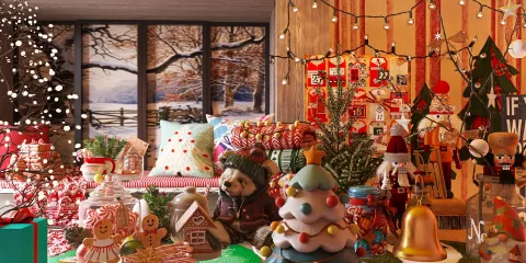 Cozy Christmas living room decoration featuring festive ornaments and cozy textiles, ideal for holiday interior decor inspiration, showcasing Homestyler's real-time 3D rendering feature.