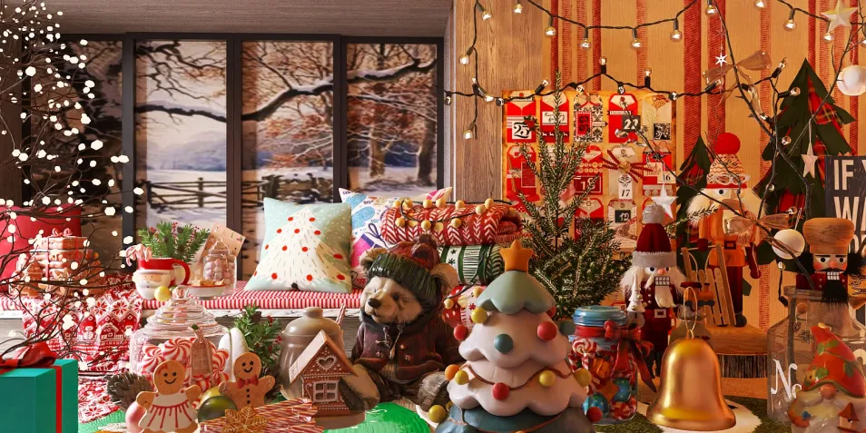 Cozy Christmas living room decoration featuring festive ornaments and cozy textiles, ideal for holiday interior decor inspiration, showcasing Homestyler's real-time 3D rendering feature.