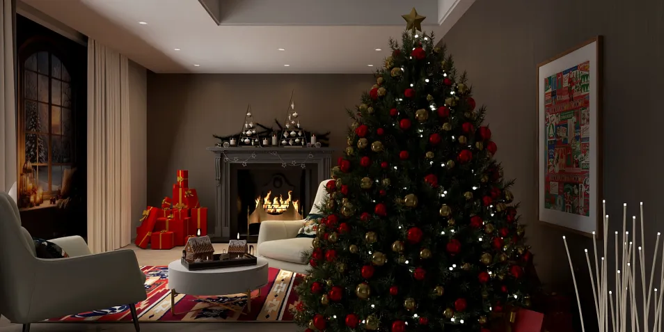 cozy living room decorated for Christmas with a Christmas tree adorned with ornaments and lights, featuring a contemporary design style, creating a warm festive atmosphere; showcasing Homestyler's real-time 3D rendering function.