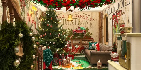 Christmas living room decor featuring a beautifully decorated tree, festive ornaments, and a cozy seating area in a traditional style, showcasing interior design inspiration for holiday-themed spaces with Homestyler's real-time 3D rendering feature.