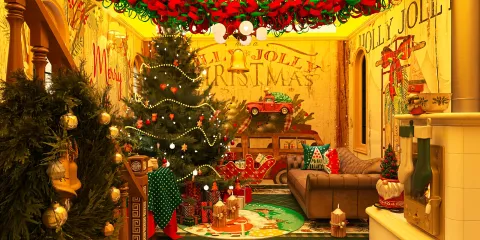 festively decorated living room featuring a Christmas tree and holiday ornaments showcasing smart furniture arrangement in a cozy seasonal style to enhance interior decor with Homestyler's 3D rendering.