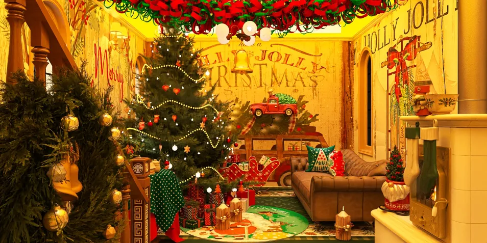 festively decorated living room featuring a Christmas tree and holiday ornaments showcasing smart furniture arrangement in a cozy seasonal style to enhance interior decor with Homestyler's 3D rendering.