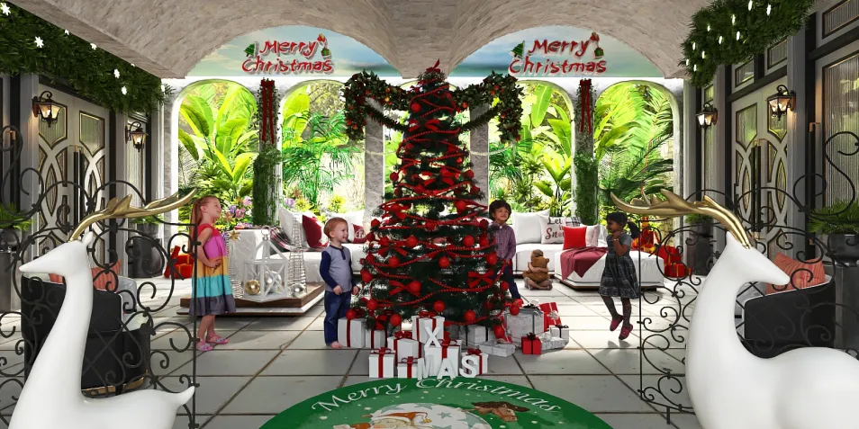 Kids celebrating Christmas in a festive living room with a decorated tree, creating a cheerful holiday atmosphere, focusing on interior design with holiday decorations, utilizing Homestyler's real-time 3D rendering feature.