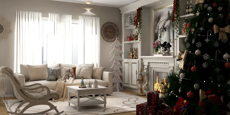 cozy living room with a festive Christmas tree and decorations, showcasing a warm holiday atmosphere and elegant interior decor, featuring Homestyler's real-time 3D rendering functionality for design preview.