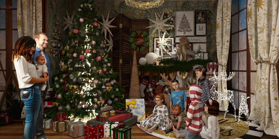 Christmas tree decoration with family gathering in cozy living room style, featuring a warm and festive ambiance, showcasing Homestyler's real-time 3D rendering for instant design previews.