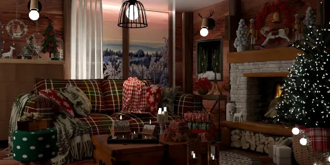 cozy living room with festive decor showcasing a plaid sofa and a stone fireplace, styled for winter aesthetics, featuring Homestyler's real-time 3D rendering for interior visualization.