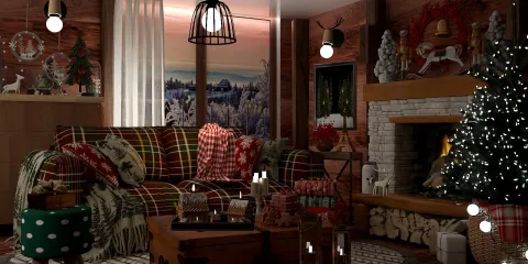 Cozy living room with a fireplace displaying a festive holiday design, featuring plaid patterns and warm lighting, enhancing winter comfort through Homestyler's real-time 3D rendering.