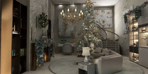 living room decorated with a Christmas tree featuring festive ornaments and a luxurious chandelier, showcasing modern interior design elements, utilizing Homestyler's real-time 3D rendering for an effective design proposal.