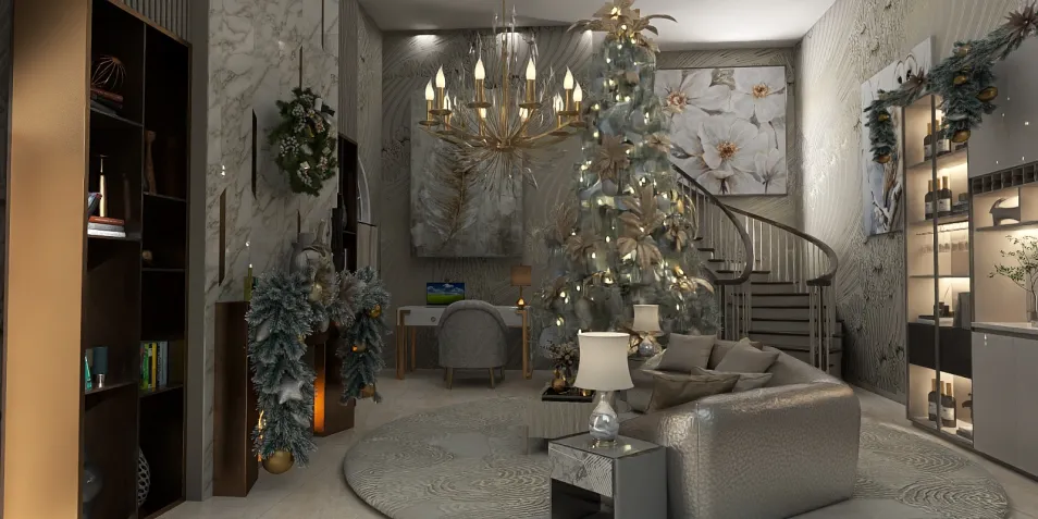 living room decorated with a Christmas tree featuring festive ornaments and a luxurious chandelier, showcasing modern interior design elements, utilizing Homestyler's real-time 3D rendering for an effective design proposal.