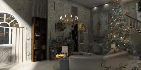 living room features a cozy layout with a modern sofa and a beautifully decorated Christmas tree, showcasing elegant holiday decor style, enhanced by Homestyler's real-time 3D rendering for design proposal display.