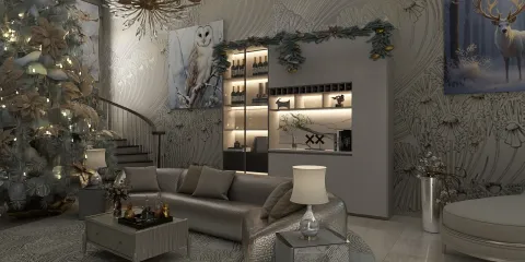 modern living room featuring a festive Christmas tree, elegantly designed furniture, and holiday decorations, showcasing interior decor with Homestyler's real-time 3D rendering capabilities to preview design proposals.