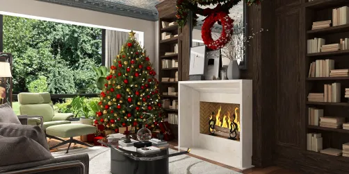 cozy living room with a Christmas tree decorating the space, showcasing a festive holiday style that enhances the interior decor, utilizing Homestyler's real-time 3D rendering feature for previewing design proposals.