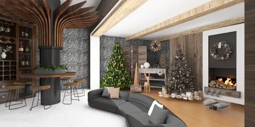 modern living room featuring a circular sofa and a fireplace with decorated Christmas trees, showcasing a cozy holiday design style, utilizing Homestyler's real-time 3D rendering functionality for effective interior decor visualization.