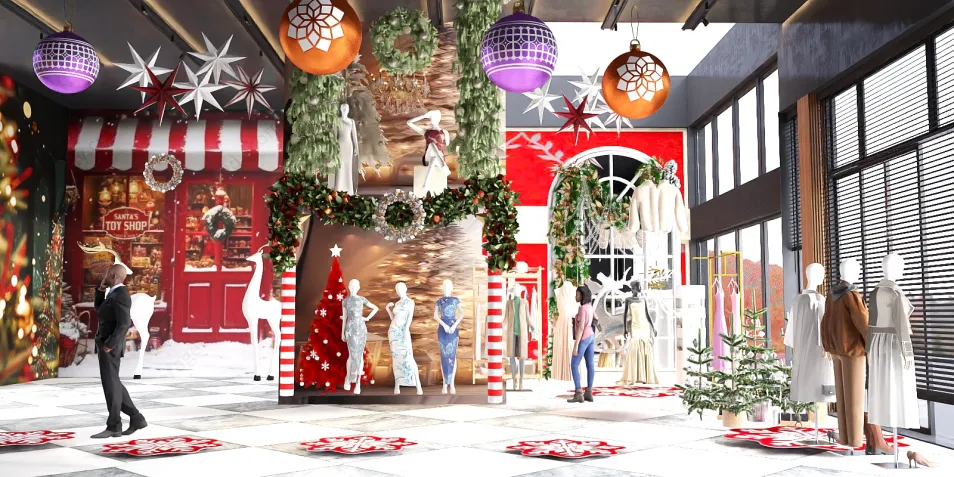 A vibrant holiday-themed retail space featuring mannequins dressed in festive attire, decorated with Christmas ornaments and foliage, showcasing a stylish interior design; highlighting Homestyler's real-time 3D rendering capabilities for design proposal visualization.