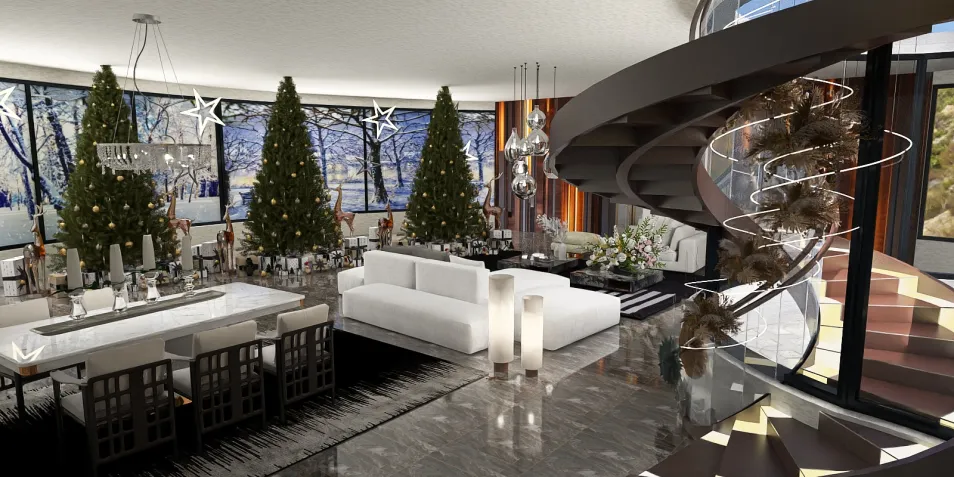 modern living room featuring elegant Christmas decorations with a spacious dining area, showcasing a luxurious design style for holiday celebrations, utilizing Homestyler's real-time 3D rendering feature.