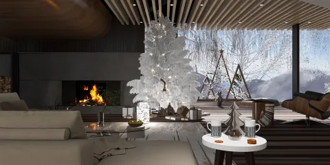 A modern living room featuring a stylish white Christmas tree, creating a festive atmosphere with warm lighting. Interior design showcases contemporary aesthetics with a cozy fireplace, large windows displaying a snowy landscape, and ergonomic seating. Includes an interior decor keyword related to holiday design and leverages Homestyler's real-time 3D rendering for a realistic preview.