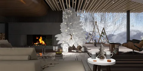 living room design featuring a holiday-themed white Christmas tree with warm lighting and a cozy fireplace, showcasing contemporary style and optimizing space with AR virtual furniture placement from Homestyler.