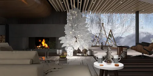 living room design featuring a holiday-themed white Christmas tree with warm lighting and a cozy fireplace, showcasing contemporary style and optimizing space with AR virtual furniture placement from Homestyler.