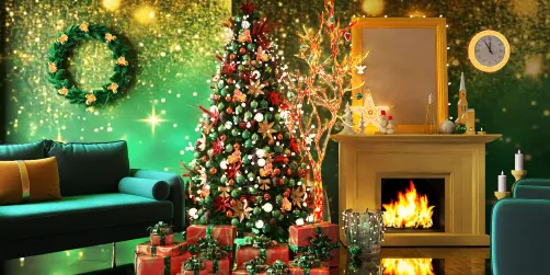 Christmas tree decorating with festive ornaments in a cozy living room style with warm lighting and holiday decor, showcasing the interior design aspect of Homestyler's real-time 3D rendering feature.