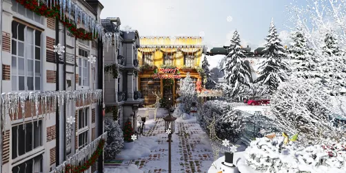 winter street view showcasing a snowy landscape with festive decorations and a hotel, creating a cozy atmosphere; ideal for holiday interior decor inspiration using Homestyler's real-time 3D rendering feature.