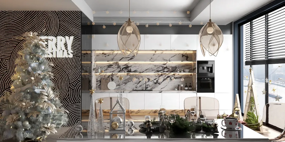 Modern kitchen with elegant Christmas decorations featuring a marble backsplash and festive ornaments, optimized for a seamless holiday ambiance using Homestyler's real-time 3D rendering.