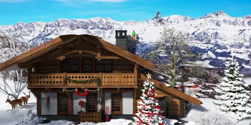 mountain lodge exterior with holiday decorations and snowy landscape showcasing a festive chalet style, highlighting Homestyler's real-time 3D rendering feature for immersive design previews.