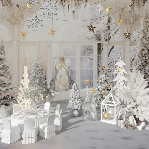 winter-themed dining area featuring festive decorations and snow-covered trees, creating a cozy holiday atmosphere, showcasing Homestyler's real-time 3D rendering feature.