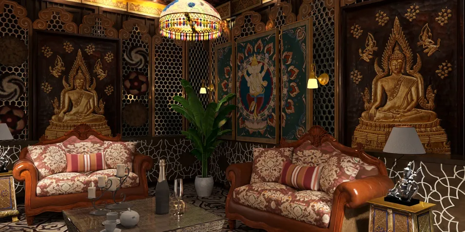 luxurious living room with ornate decorations featuring traditional Buddhist art, designed using Homestyler's real-time 3D rendering for immersive interior visualization.