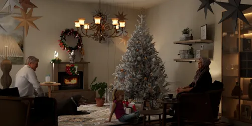 cozy living room decoration featuring a Christmas tree and family gathering enhancing holiday spirit with a festive style, showcasing Homestyler's real-time 3D rendering feature.