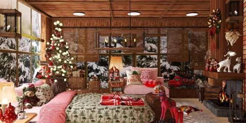 cozy bedroom decorated for Christmas with a warm fireplace and holiday accents, featuring an interior design style that enhances festive atmosphere using Homestyler's real-time 3D rendering functionality.