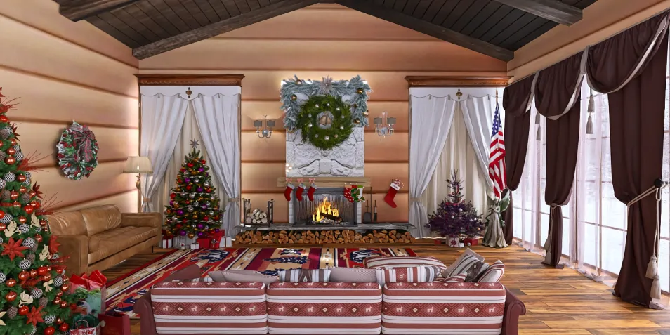 A festive living room decorated for Christmas featuring a cozy fireplace and adorned with holiday decorations, showcasing a rustic cabin style with warm wooden elements, ideal for interior decor inspiration. This scene utilizes Homestyler's real-time 3D rendering feature to visualize seasonal design.