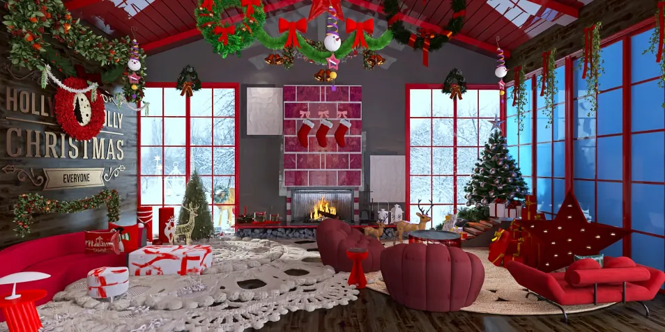 cozy living room decorated for Christmas with a festive theme showcasing red accents and a large fireplace, featuring a virtual furniture placement using Homestyler's AR functionality to enhance interior decor elements.