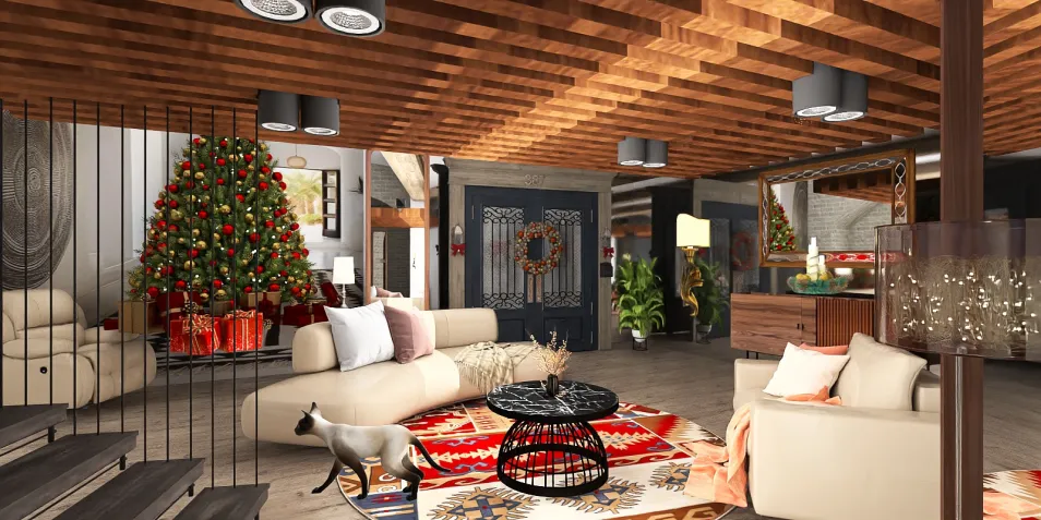 Cozy living room with holiday decor featuring a Christmas tree, modern furniture layout, and warm wood accents, showcasing interior design using Homestyler's real-time 3D rendering for immersive space planning.