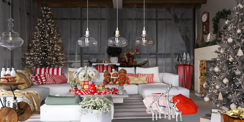 modern living room decorated for Christmas with festive ornaments and cozy furniture arrangement, featuring 3D rendering capabilities for creating realistic seasonal designs in interior decor.