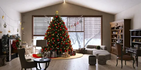 living room with Christmas tree decorated with ornaments and lights showcasing festive interior design styles ideal for holiday celebrations using Homestyler's real-time 3D rendering feature.
