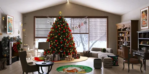 living room featuring a decorated Christmas tree surrounded by festive ornaments and a cozy seating area with seasonal decor in a modern style, showcasing interior design principles for holiday home decoration using Homestyler's 3D rendering functionality.