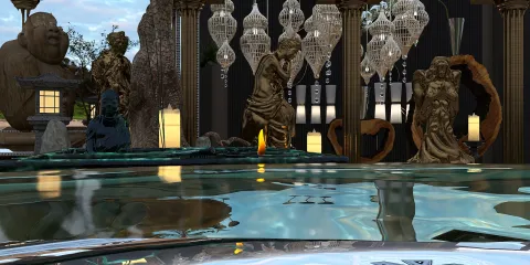 Luxurious indoor pool with ornate sculptures and elegant chandeliers creating a grand ambiance, showcasing 3D interior design features for a stunning home aesthetic using Homestyler's real-time 3D rendering.
