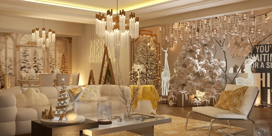 cozy living room featuring holiday decorations, styled for festive ambiance, showcasing interior decor expertise; utilizing Homestyler's real-time 3D rendering for quick design previews.