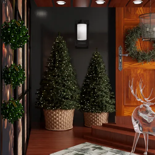 two decorated Christmas trees placed in wicker pots enhancing the festive entrance decor in a contemporary style, showcasing Homestyler's real-time 3D rendering feature.