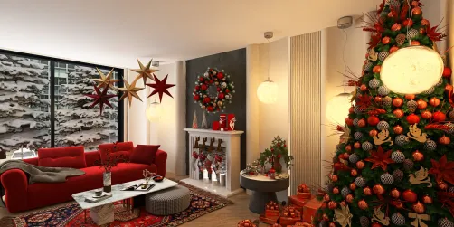 Christmas living room featuring a decorated tree and festive ornaments, designed with a cozy style, showcasing interior decor ideas for holiday home design using Homestyler's real-time 3D rendering.