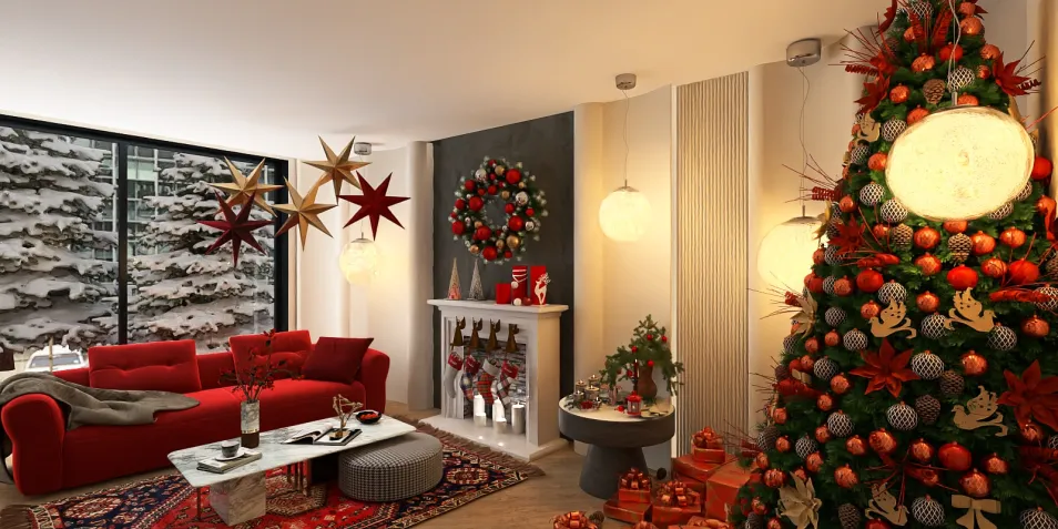 Christmas living room featuring a decorated tree and festive ornaments, designed with a cozy style, showcasing interior decor ideas for holiday home design using Homestyler's real-time 3D rendering.