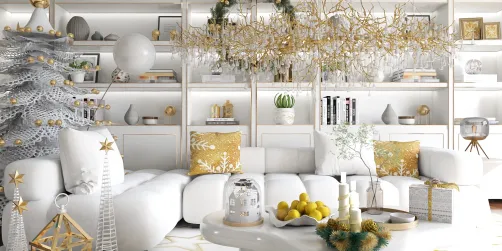 cozy living room decorated for Christmas with a white sofa and festive ornaments applying interior decor theme with Homestyler's real-time 3D rendering feature